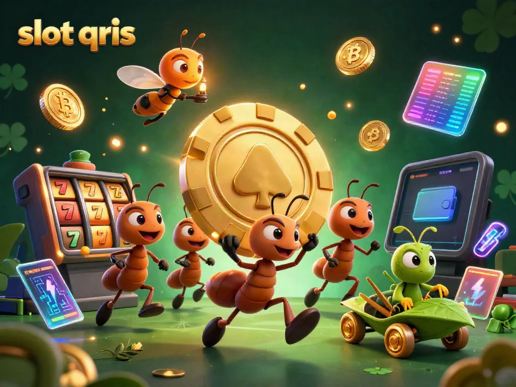 Engage in slot qris excitement with ants in a dynamic heist scene, showcasing vibrant casino elements.