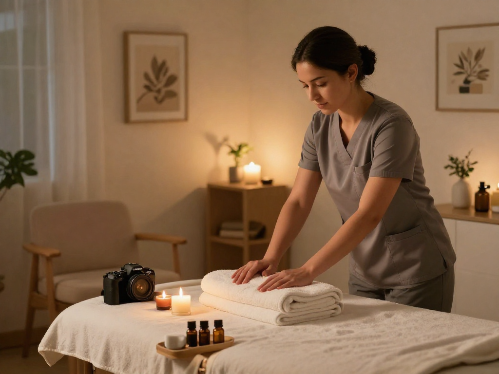 양천구출장마사지 service setup with massage therapist arranging calming atmosphere in home.