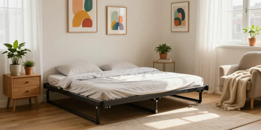 Fold up bed elegantly stored in urban loft bedroom with plants and cozy reading nook.