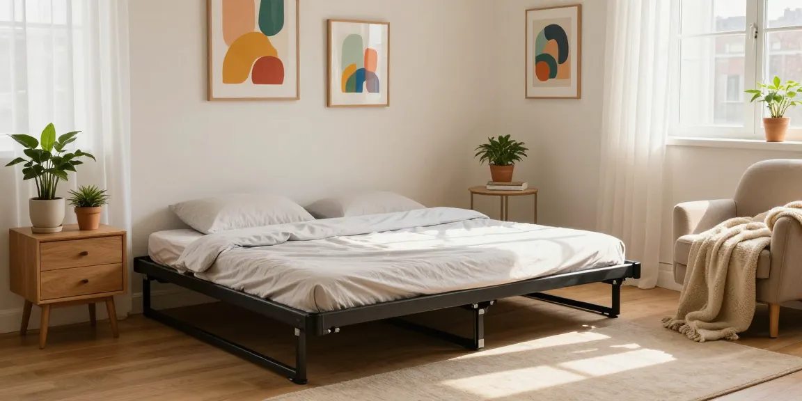 Fold up bed elegantly stored in urban loft bedroom with plants and cozy reading nook.