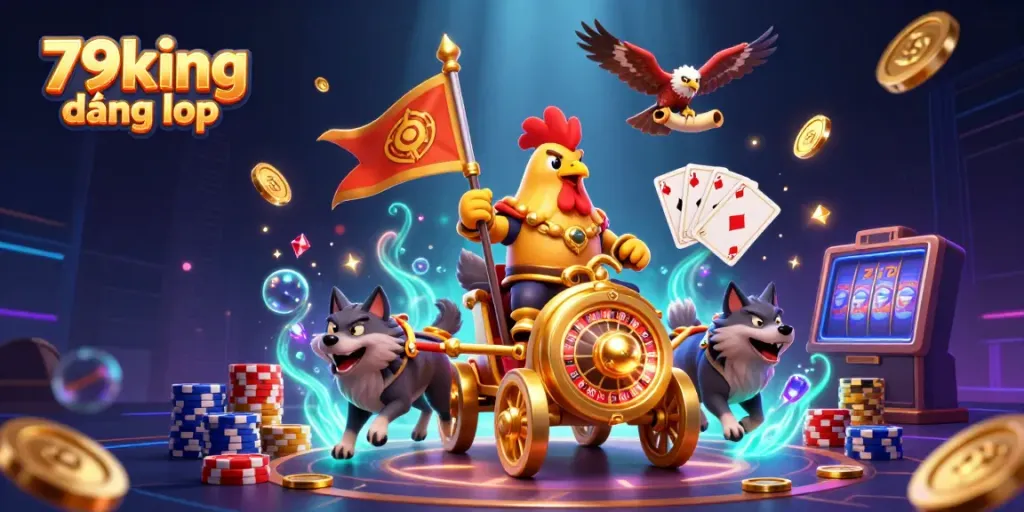 Experience the excitement of 79king đăng nhập with a 3D warlord riding in a golden chariot, surrounded by casino elements.