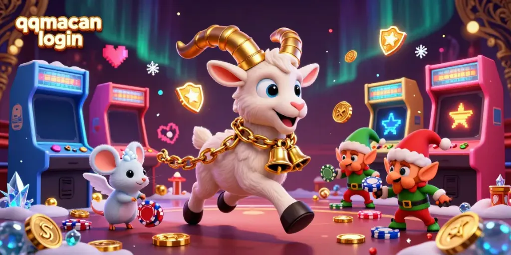 Play games and win at qqmacan login casino with festive characters in 3D digital illustration.