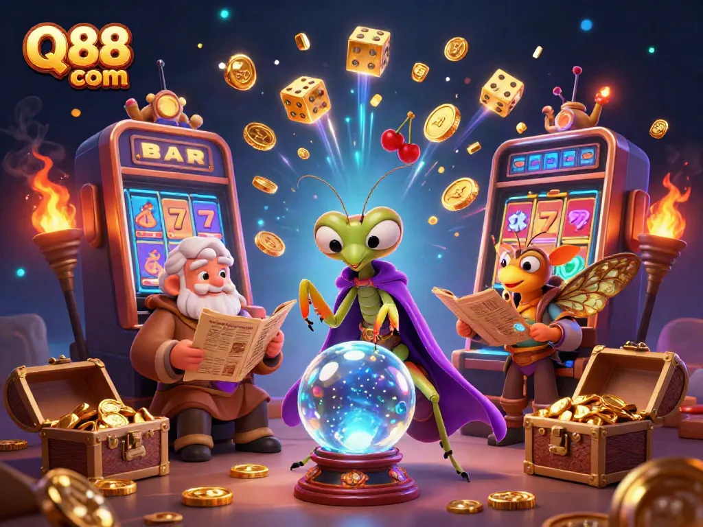 Experience the thrill at Q88 com with a vibrant casino scene featuring fortune teller characters and slot machines.
