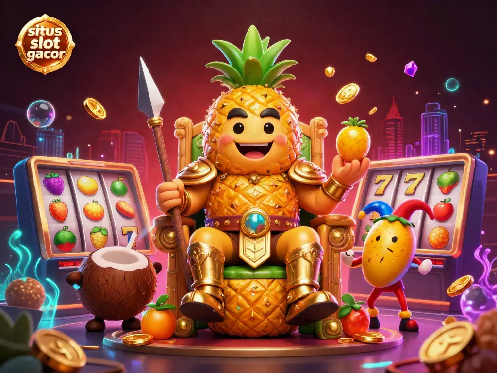 Situs slot gacor scene featuring a golden pineapple king among slot elements and vibrant treasures.