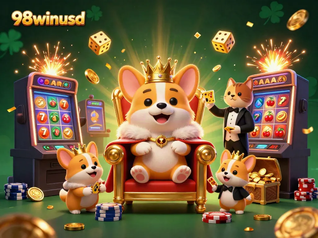 Experience jackpot thrills with 98winusd in this vibrant casino-themed illustration featuring fun characters.