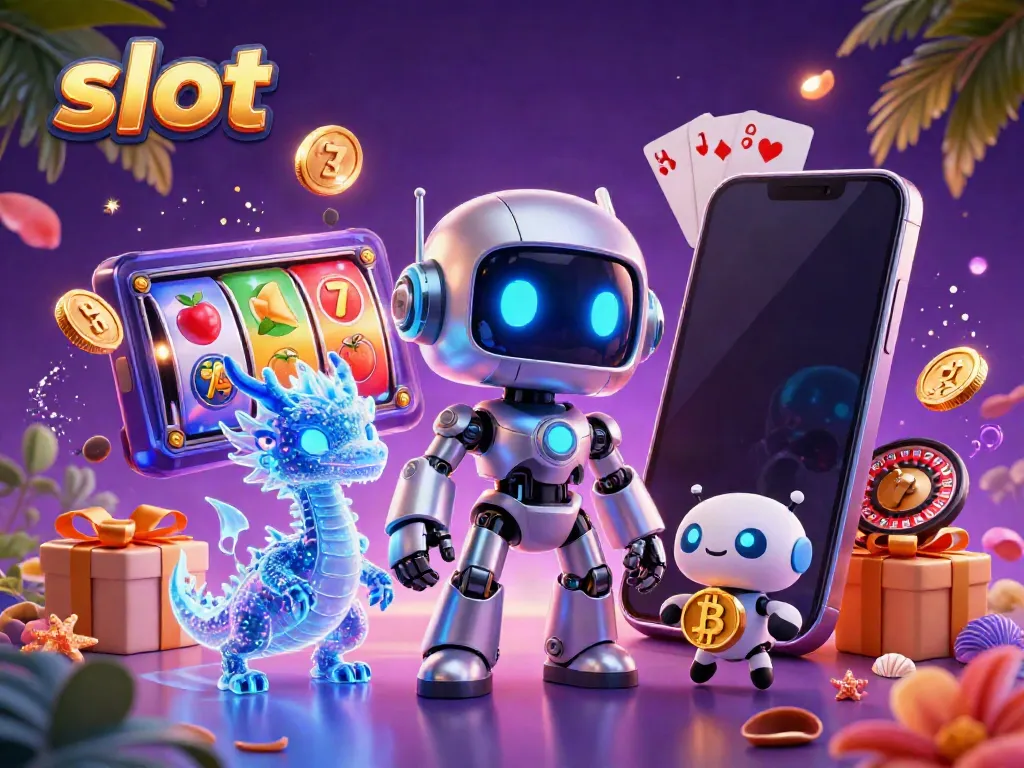 Slot mesin dengan robot dan naga holografik bermain, menghasilkan koin emas.