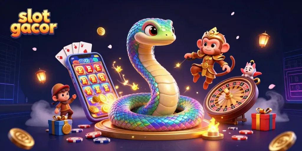 Experience the excitement of slot gacor with a vibrant 3D illustration featuring a rainbow serpent, monkey king, and dynamic casino elements.