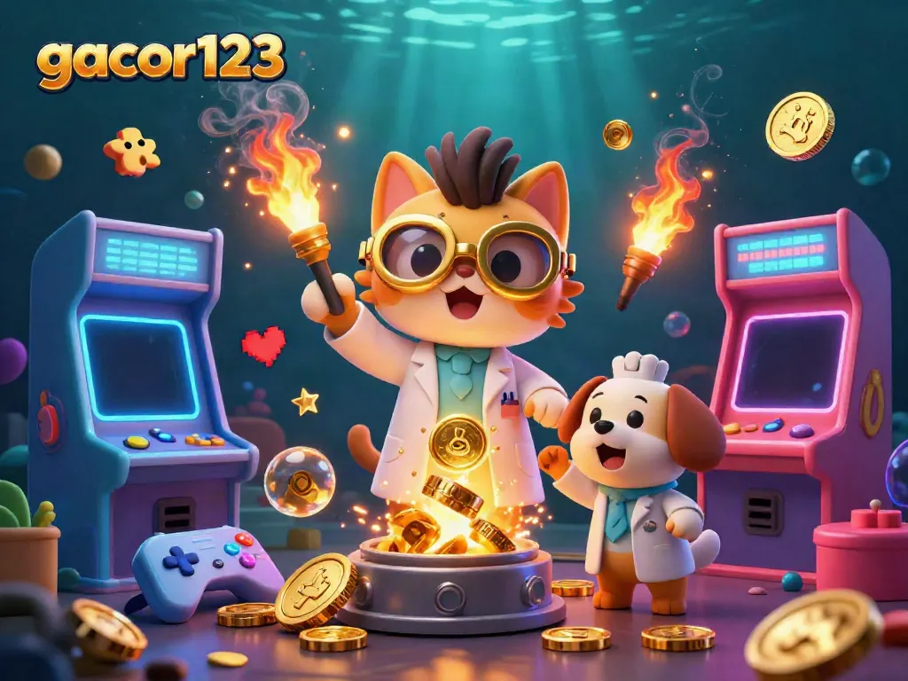 Witness the excitement of gacor123 with a mad scientist cat and lab assistant creating winning moments filled with gold coins.