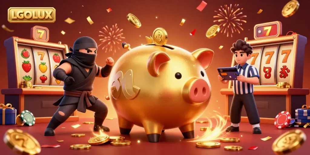 Experience winning fun with LGOLUX in a colorful casino battle featuring characters and gaming symbols.