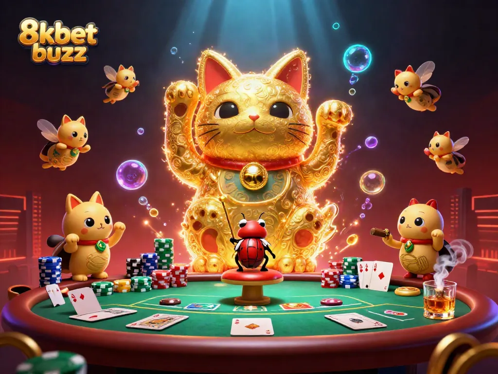Experience the excitement of 8kbet buzz with a vibrant casino scene featuring a lucky cat and rich details.
