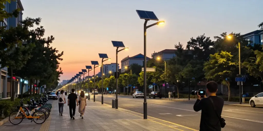Street light pole suppliers Australia showcasing modern street lighting in an urban setting during dusk.