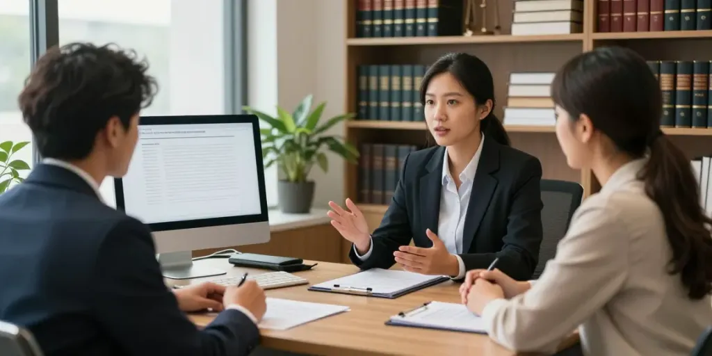 A couple consults a lawyer about free immigration lawyer services in a welcoming office.