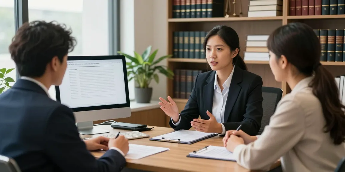 A couple consults a lawyer about free immigration lawyer services in a welcoming office.