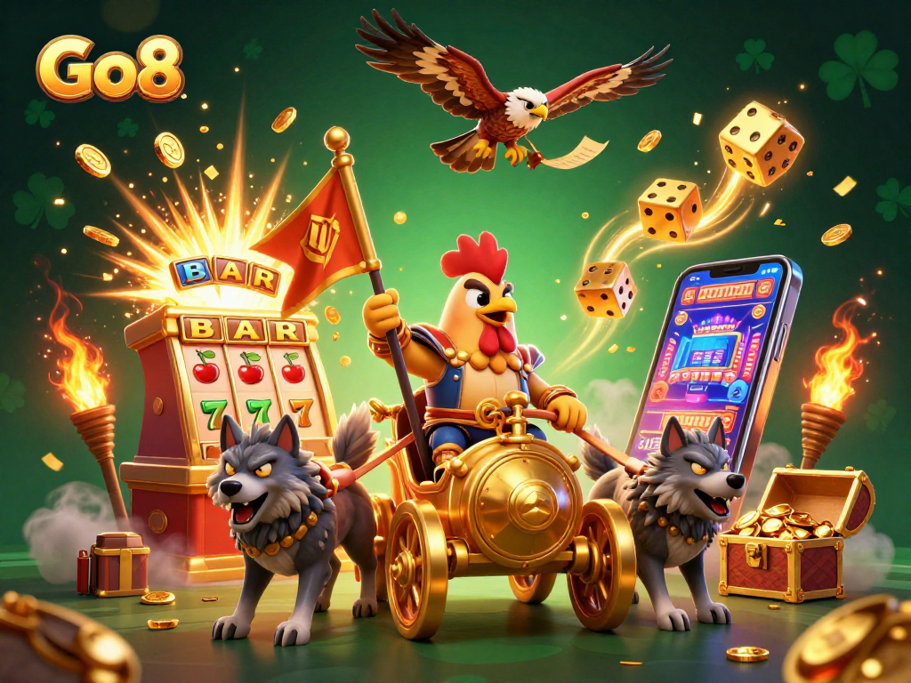 Spin and win at Go8 with a dynamic rooster warlord guiding the jackpot adventure.