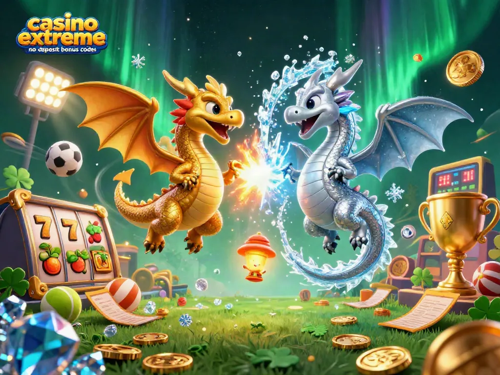 Win big with casino extreme no deposit bonus codes featured in an exciting dragon-themed slot gaming scene.