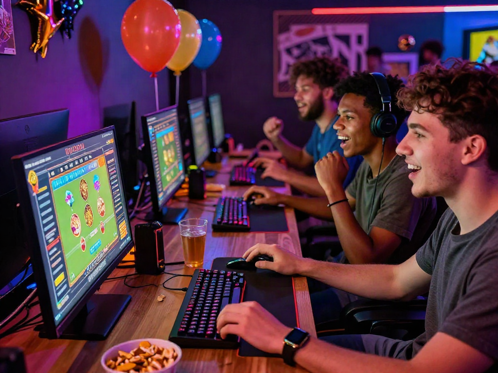 Group playing bandar togel online, enjoying snacks, celebrating with friends in a lively gaming atmosphere.