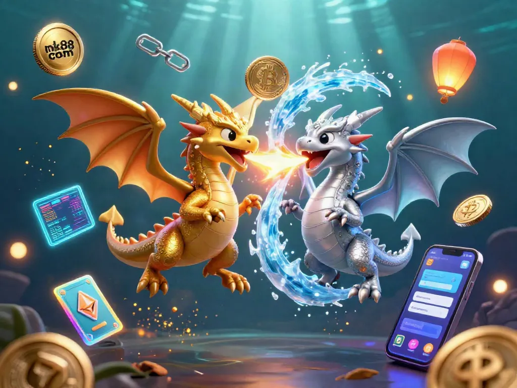 Engage in winning with nk88 com, featuring cartoon dragons amidst Bitcoin and Ethereum in a vibrant casino scene.