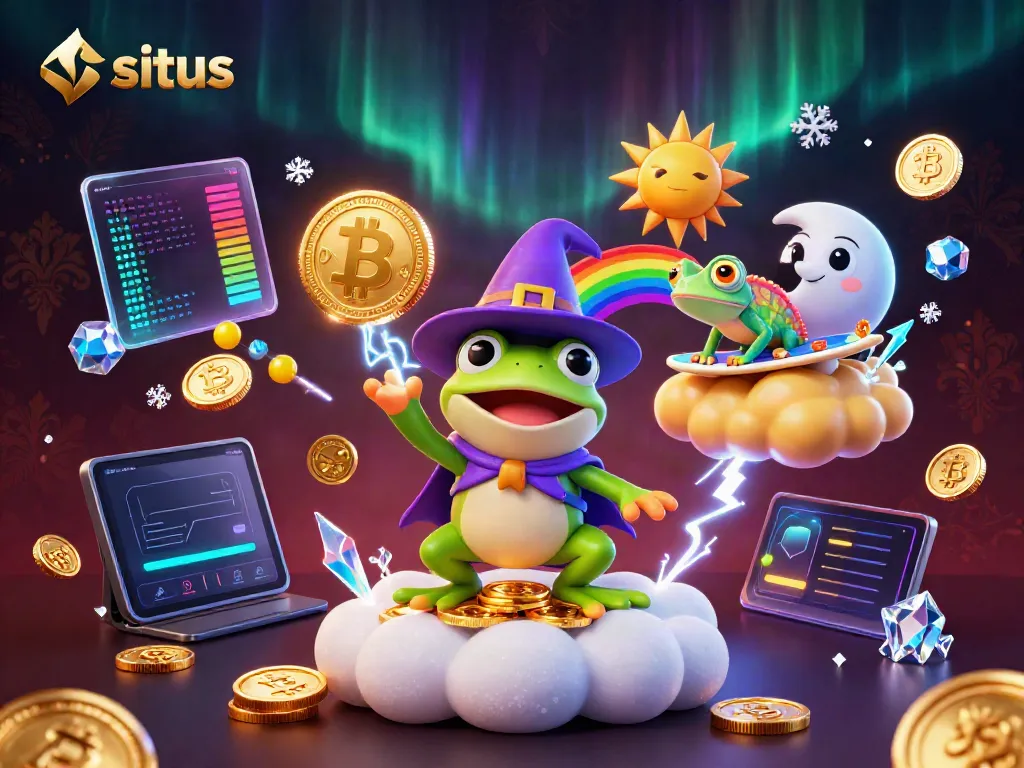 Experience the situs casino atmosphere with a vibrant scene of a wizard frog and chameleon amidst golden coins and crypto imagery.