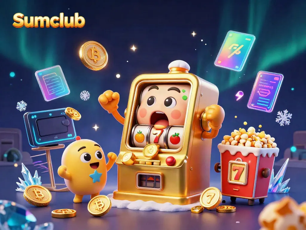Engage with Sumclub's thrilling slot machine jackpot and crypto elements in a vibrant casino scene.