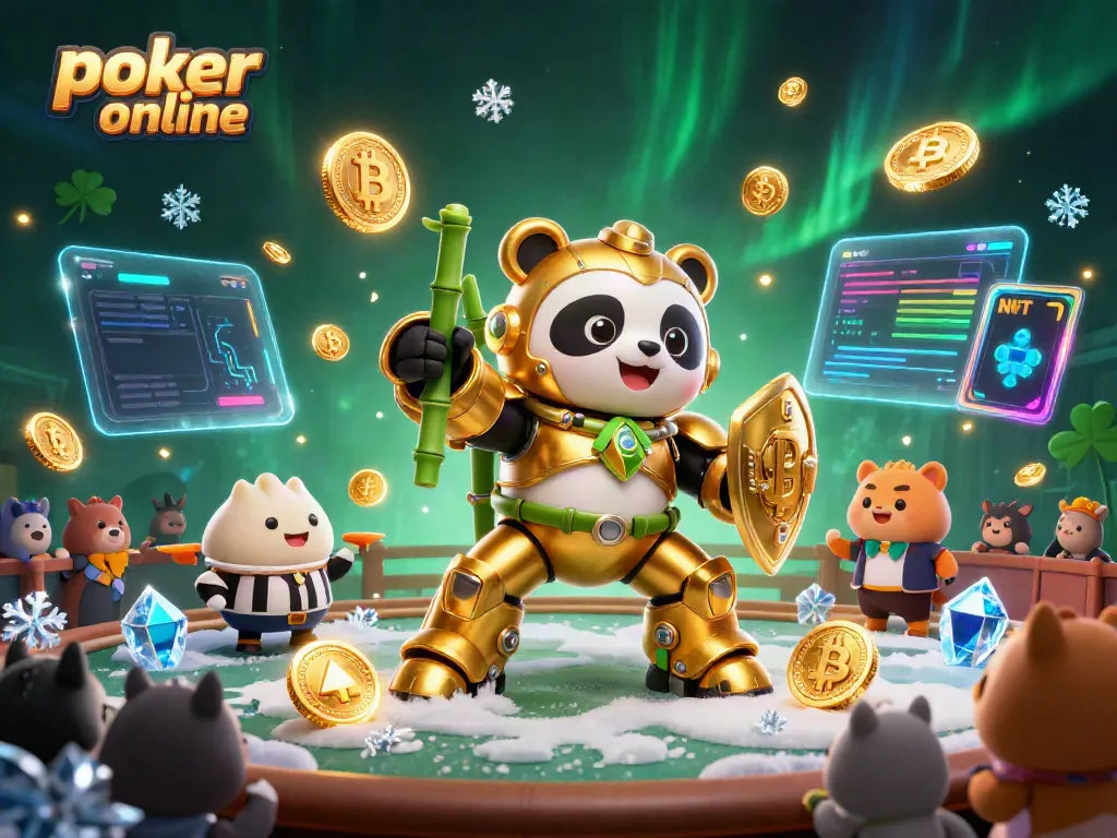 Experience thrilling poker online action in a dynamic 3D illustration featuring vibrant characters and crypto elements.