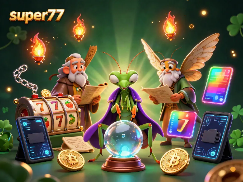 Experience thrilling slots action with super77 in this vibrant, creative scene featuring fortune tellers and mystical game elements.