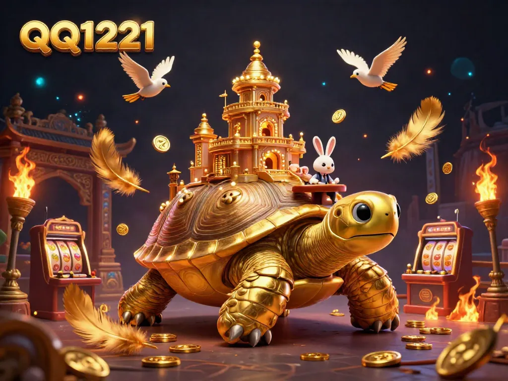 Experience the excitement of QQ1221 with a golden tortoise casino and a rabbit dealer amidst coins and dynamic gaming elements.