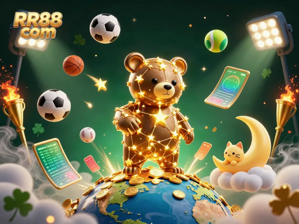 Win big with RR88 com, a vibrant 3D casino scene featuring a golden constellation bear and dynamic sports elements.