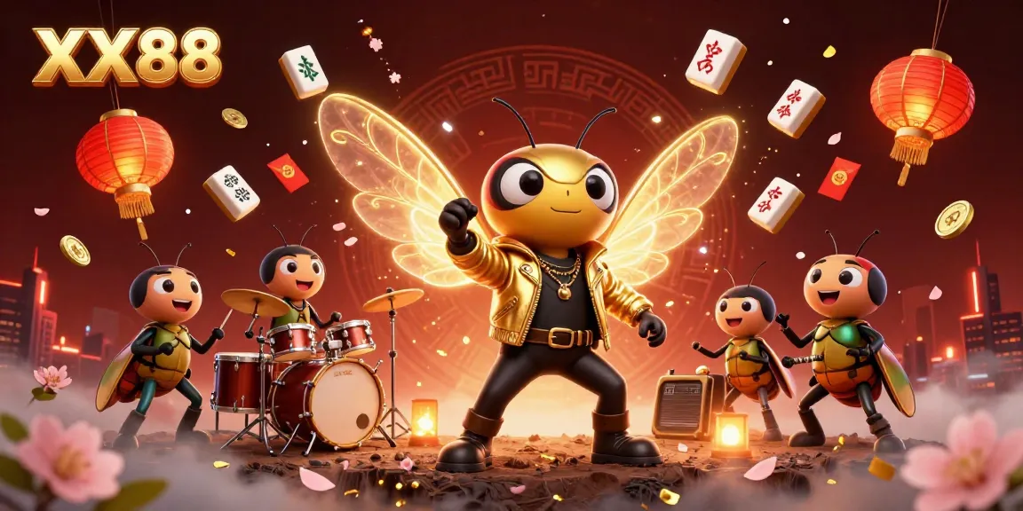 Experience the thrill of gaming at XX88 with a vibrant casino scene featuring animated characters and festive elements.
