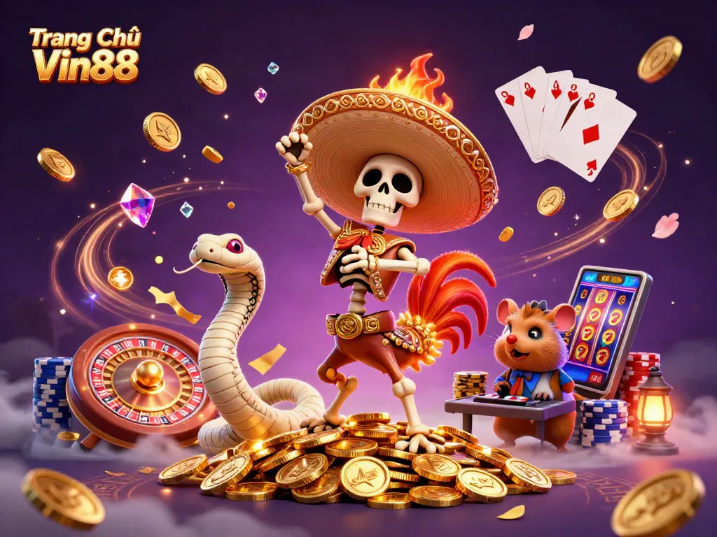Experience the excitement of Trang Chủ Vin88 with vibrant characters and dynamic casino elements.