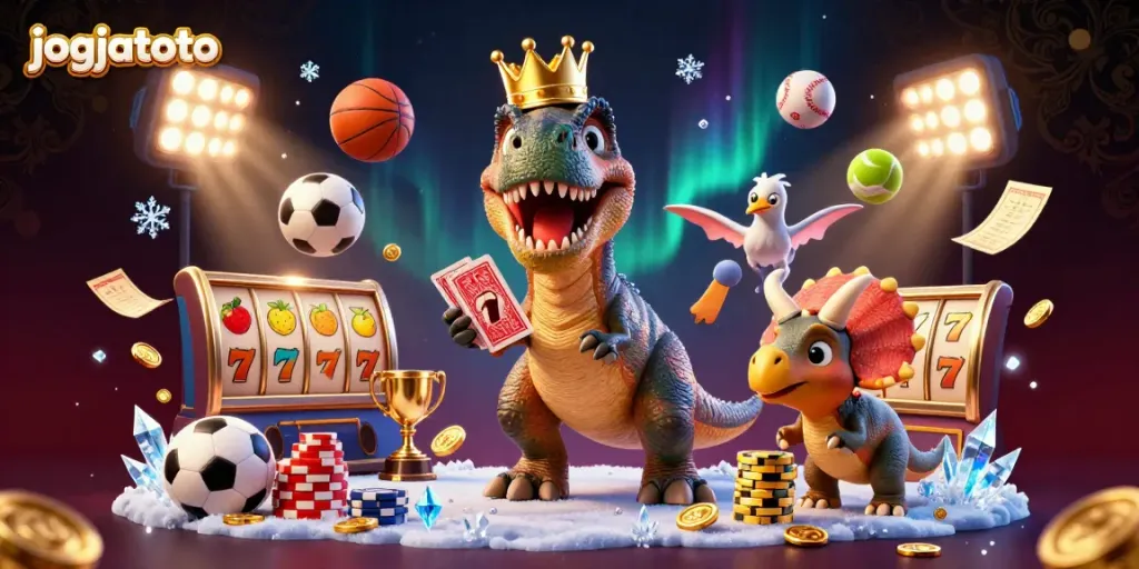 Experience the thrill of jogjatoto with a vibrant scene featuring a friendly T-Rex shuffling cards while mini dinosaur characters engage in gambling.